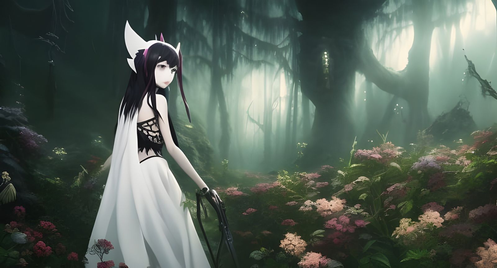 Gothic Anime Skeleton Cat-Girl in Digital Matte Painting