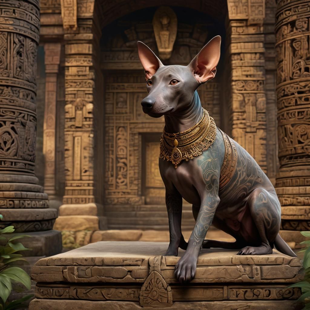 Aztec Tattooed Dog in Ancient Temple