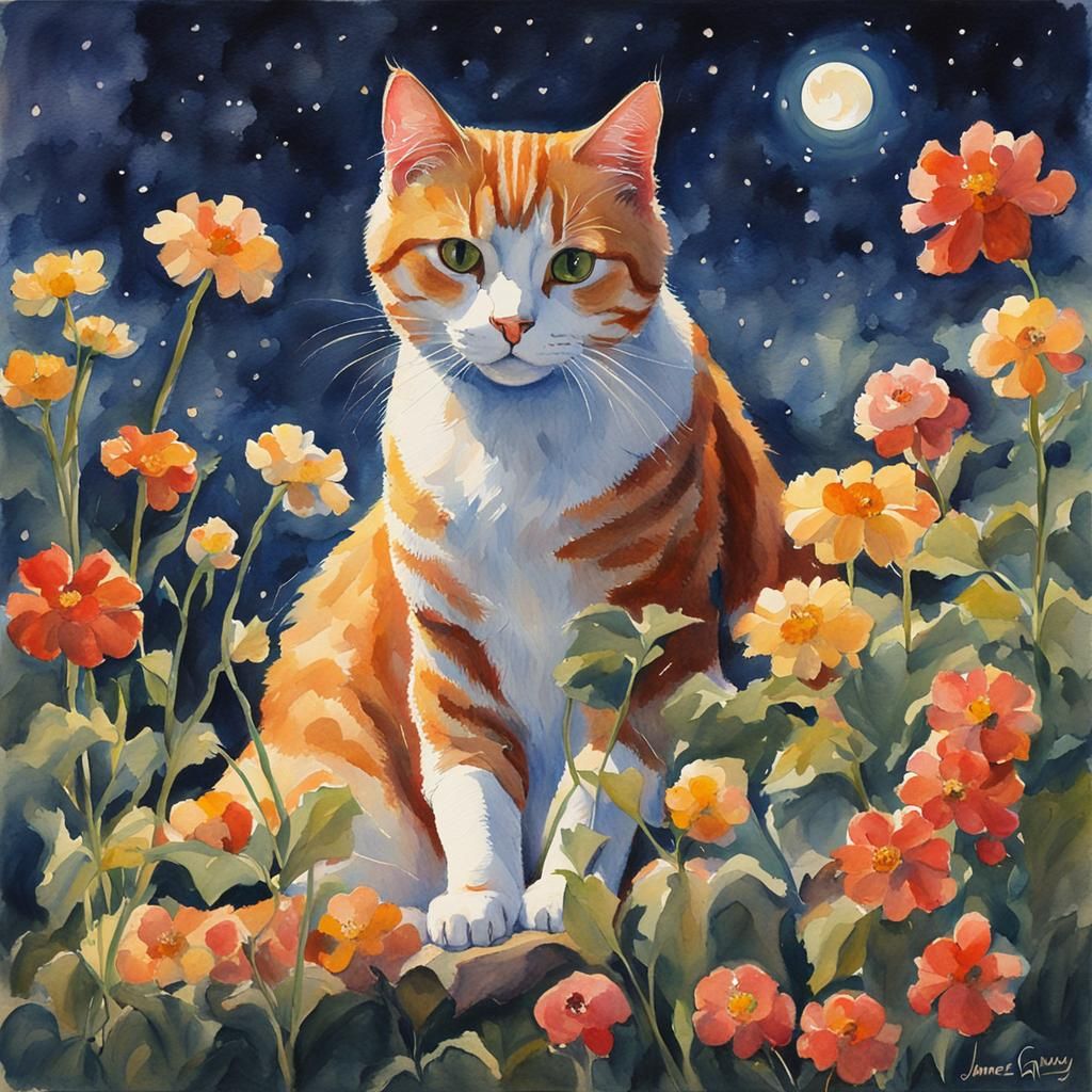 Ginger Cat in Moonlight, Watercolor Painting