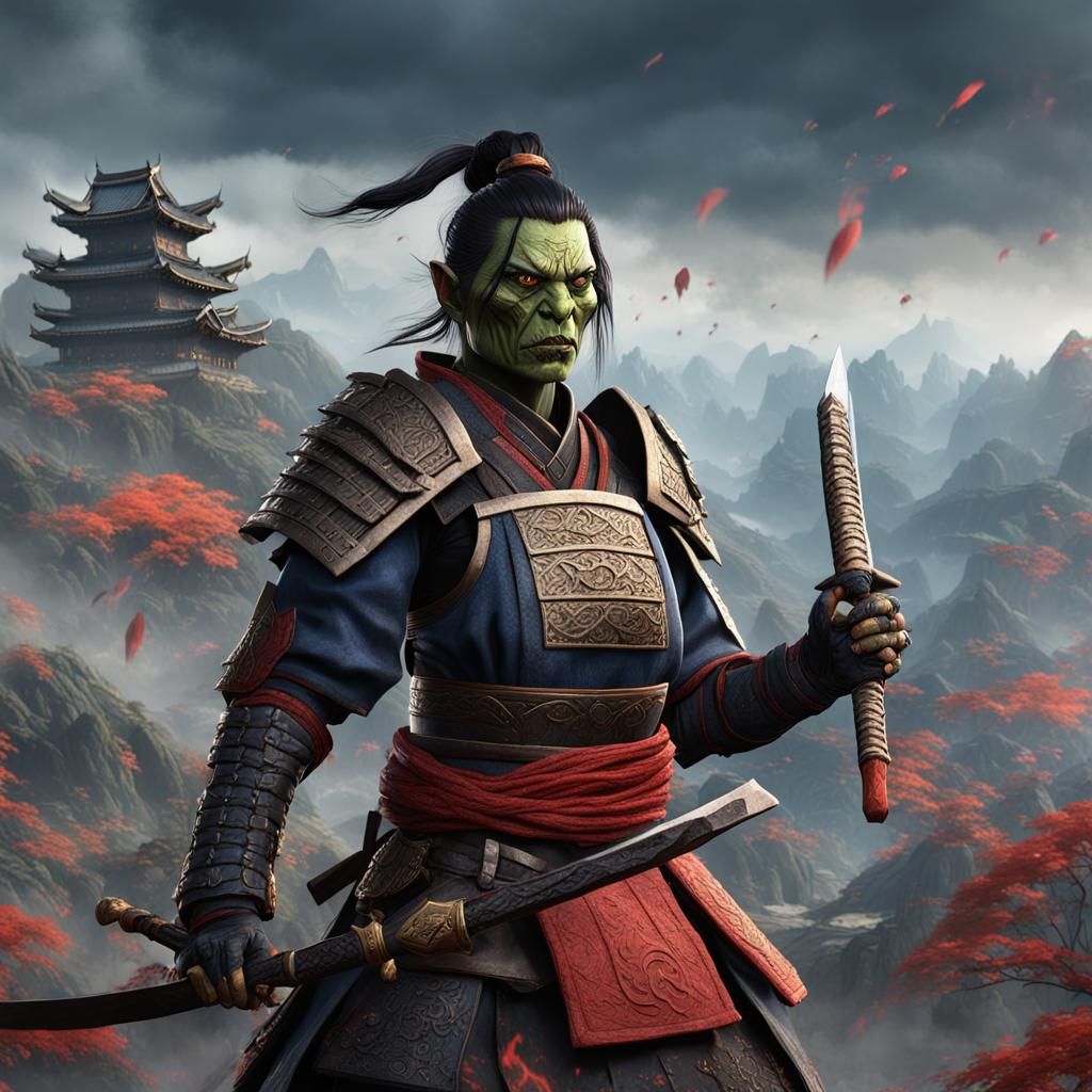 Detailed Half-Orc Samurai Fantasy Concept Art