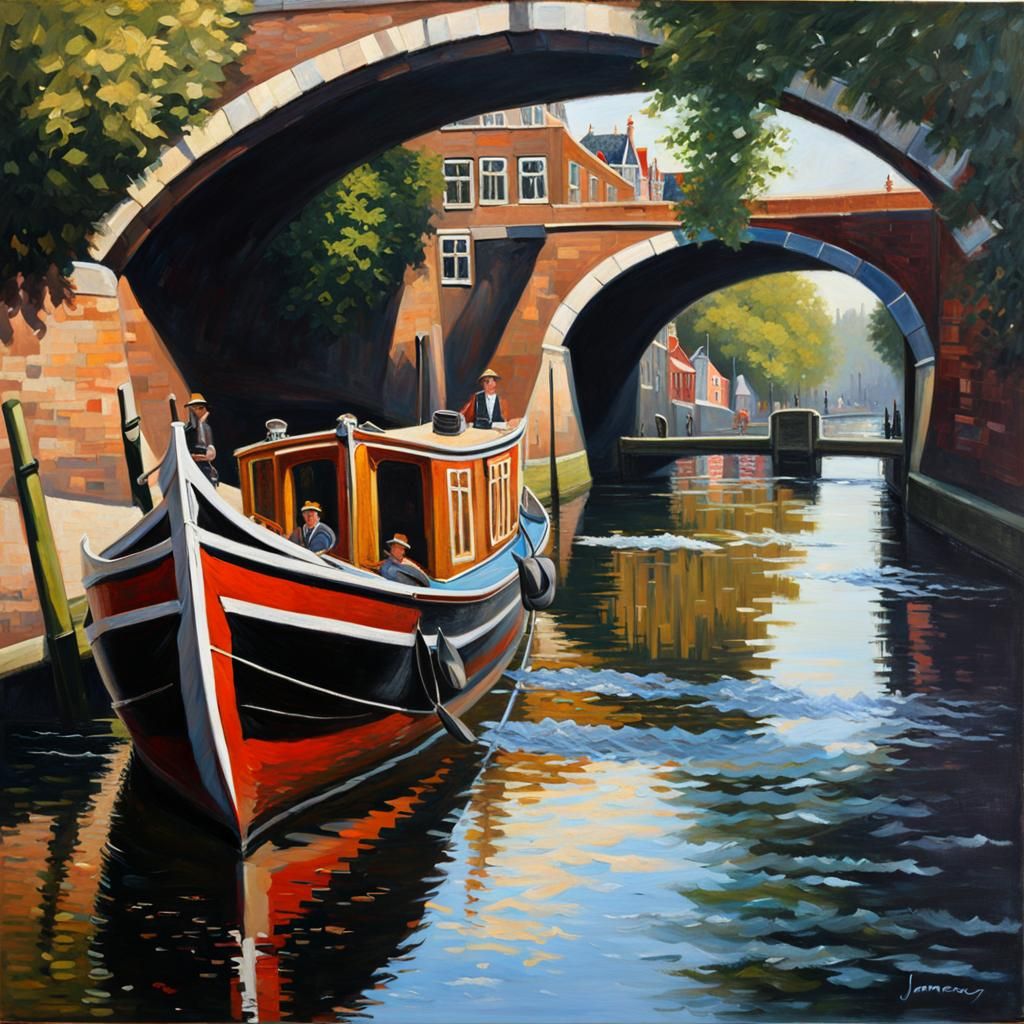 Dutch Canal Longboat in Oil Painting Style