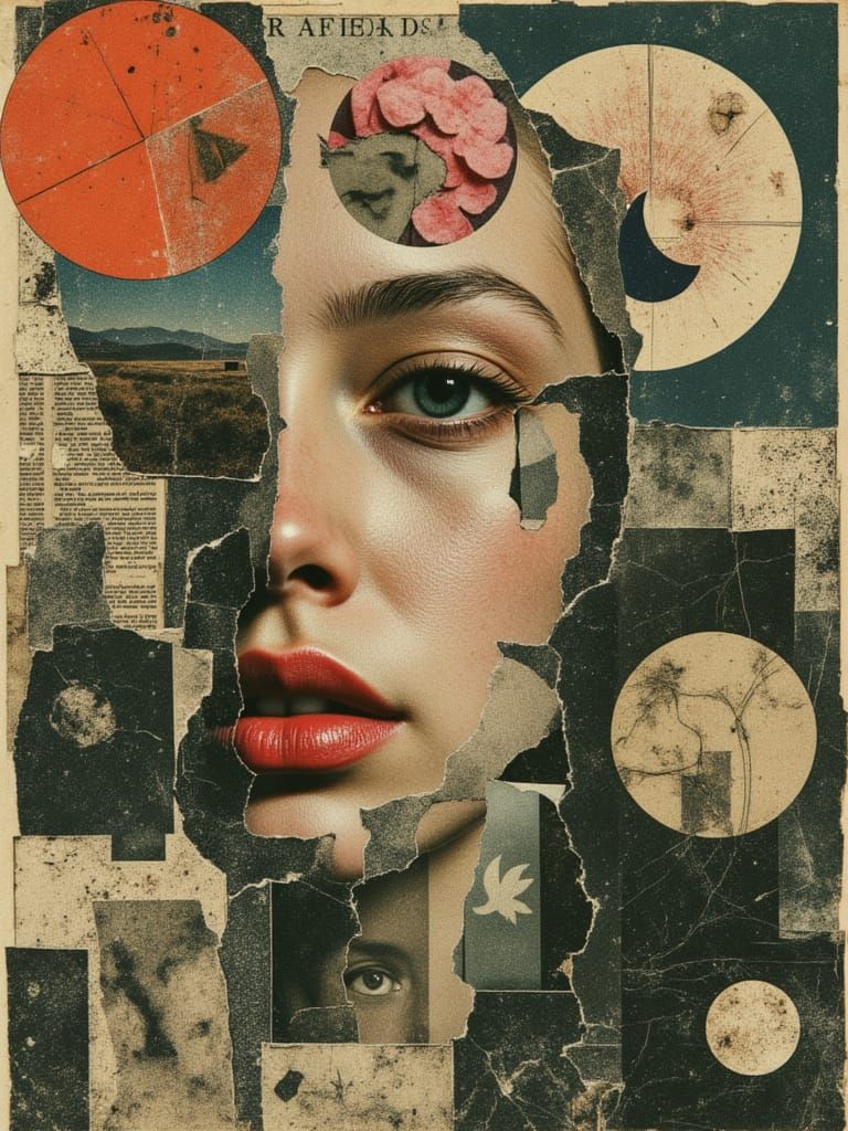 Fractured Portrait in Retro-Futuristic Collage Style