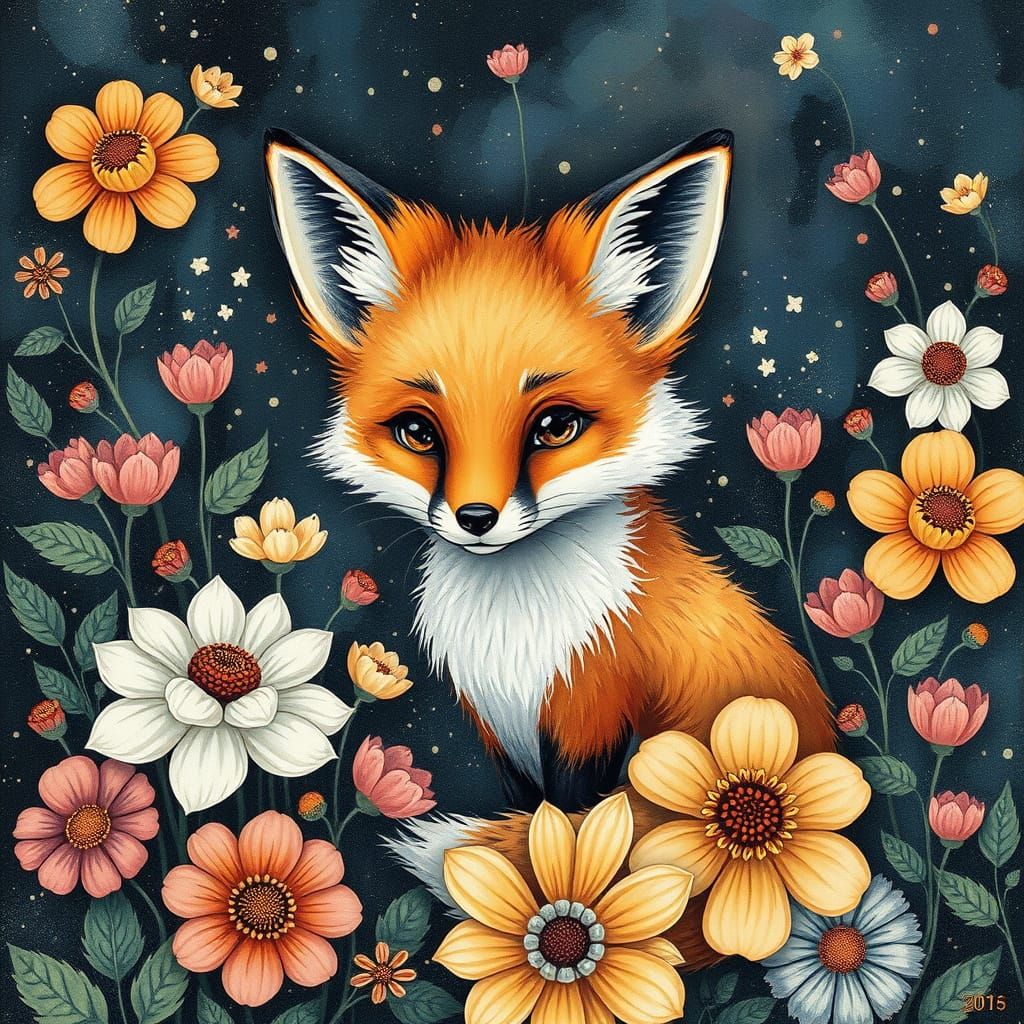 Surrealistic Fox in Whimsical Floral Setting
