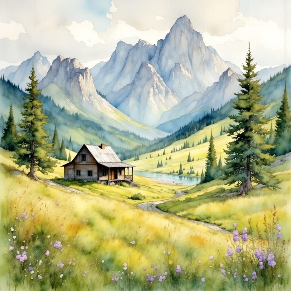Watercolor Meadow with Cabin and Mountains