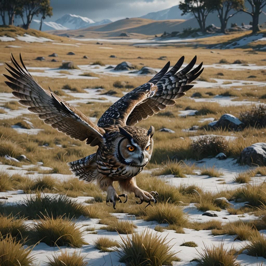 A owl flying tracks prey across grassland with a little snow...