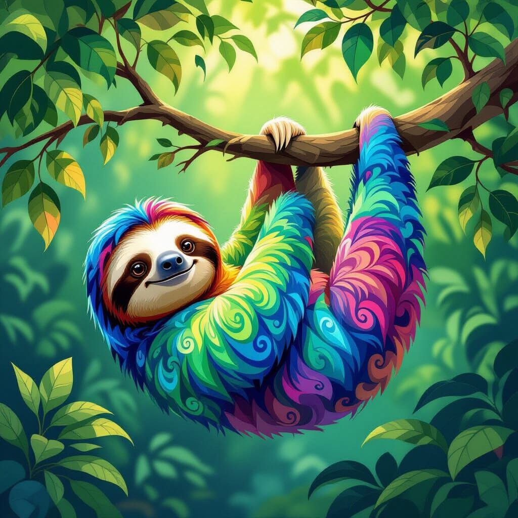 Whimsical Sloth Illustration in Art Nouveau Style