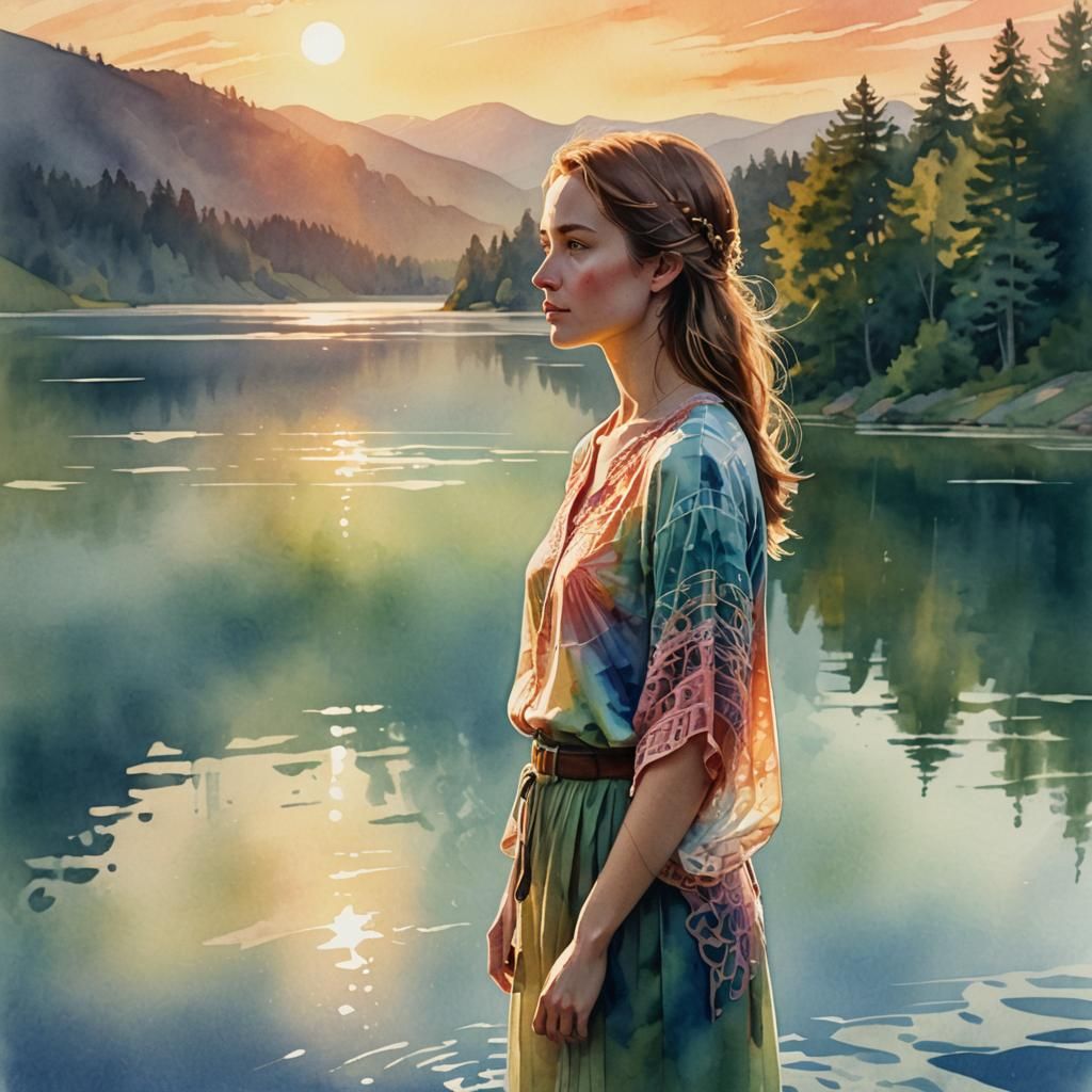 Sunset Lake Digital Watercolor Illustration