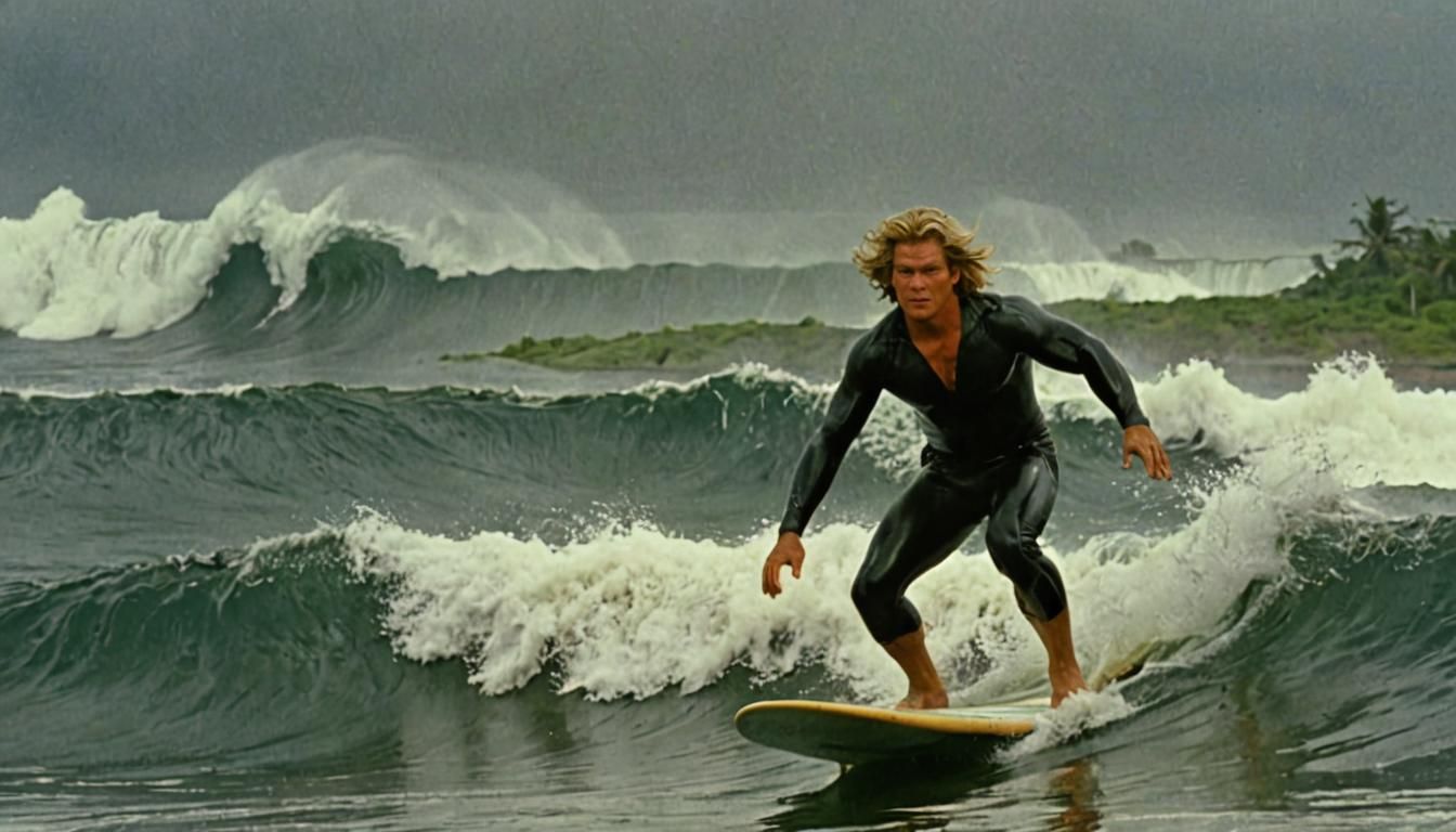Surfer Rides Huge Wave in Stormy Weather