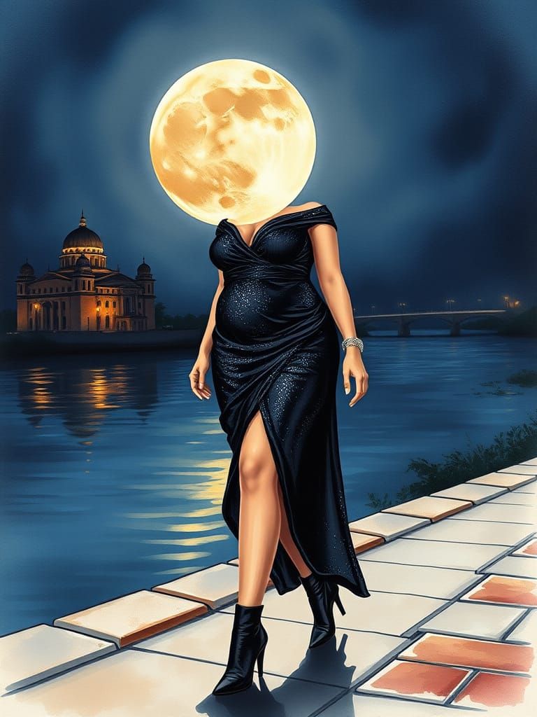 Egyptian Woman Walking Under Full Moon: Watercolor Portrait