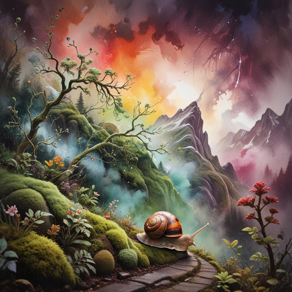 Watercolor Snail Glaring Over Mountain Forest