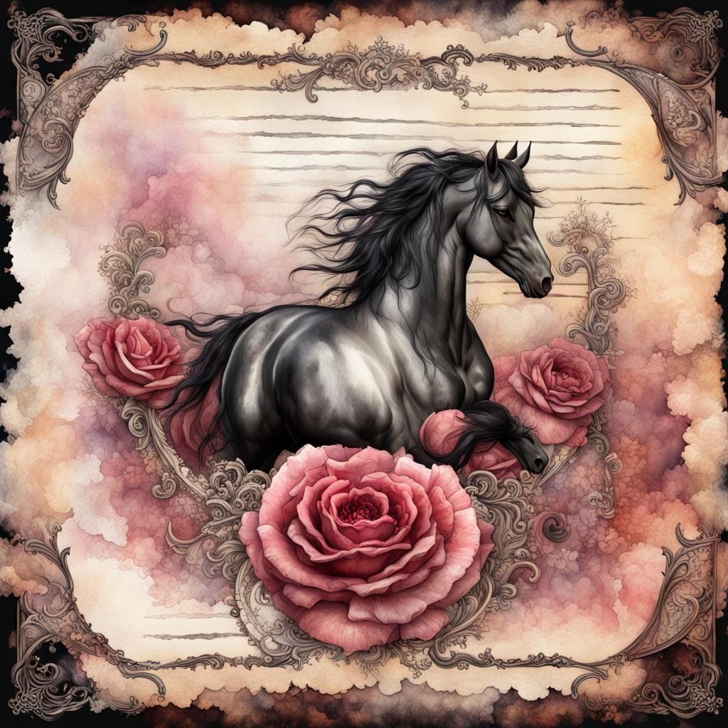 Steampunk Horses on Lined Paper with Rose Border