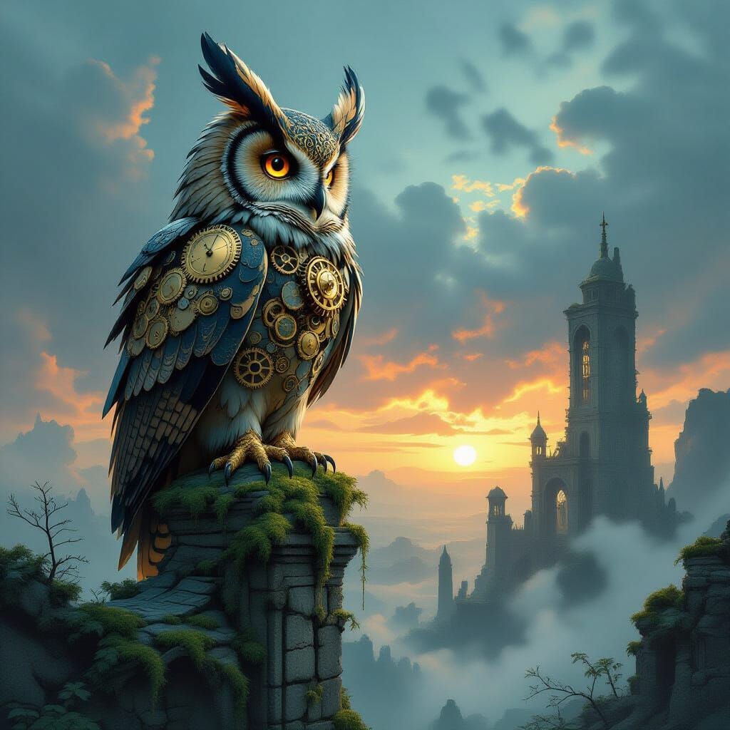 Steampunk Owl on Ruin in Twilight Landscape