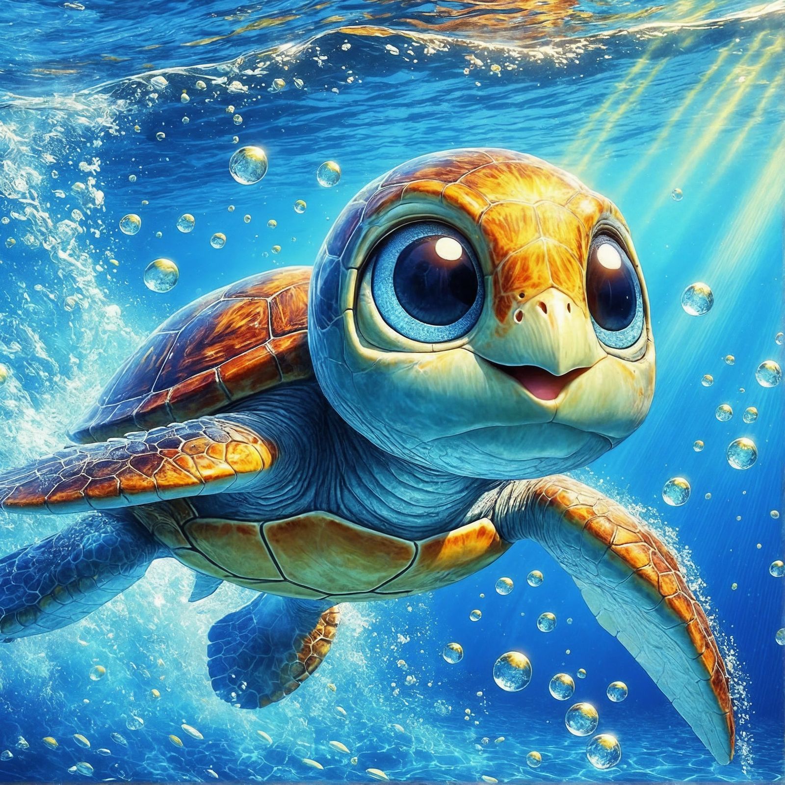 Cartoon Turtle Glides Underwater in Digital Painting