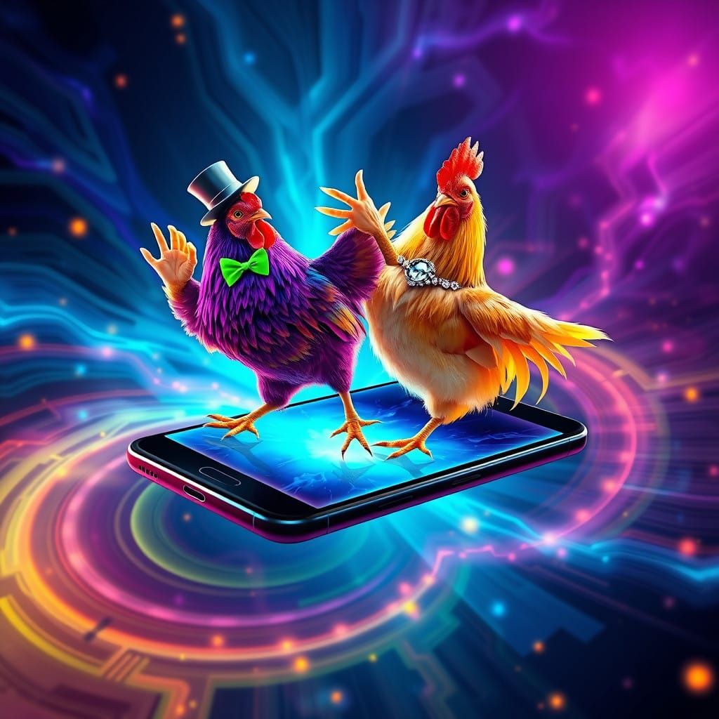 Iridescent Chickens Dance on Futuristic Smartphone