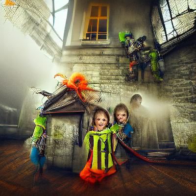 Creepy Halloween Costumes in Haunted House Illustration