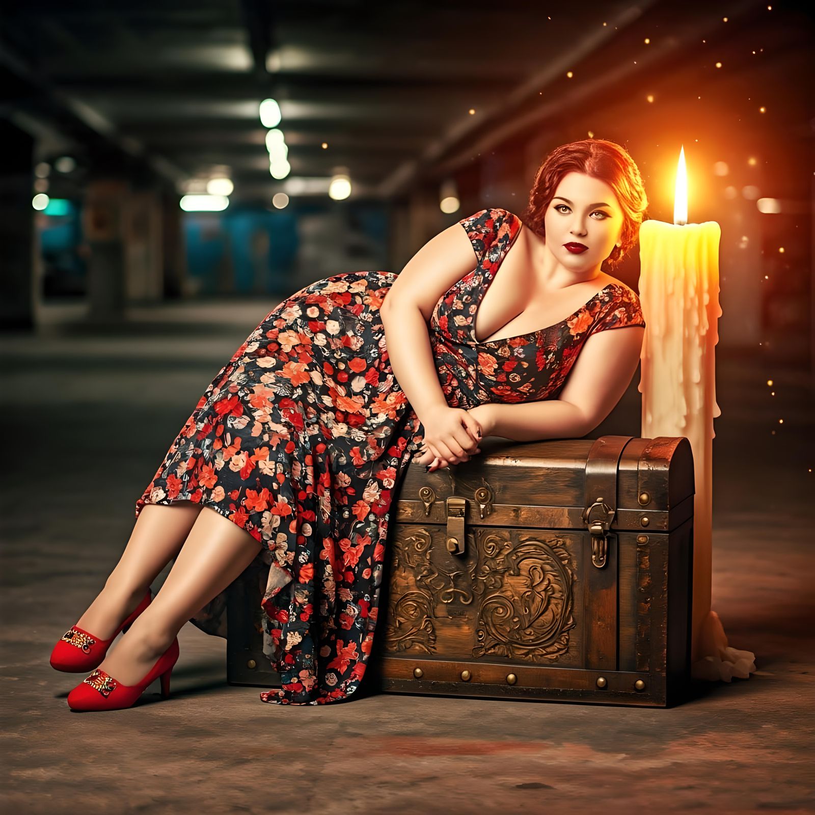Girl Posing on Treasure Chest in Watercolor Style