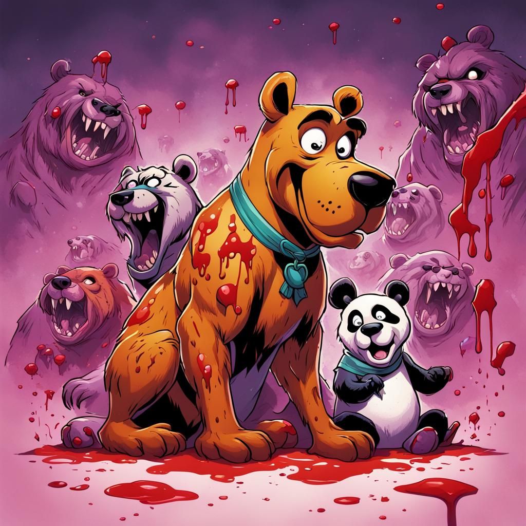 Scooby Doo covered in blood surrounded by killer pandas