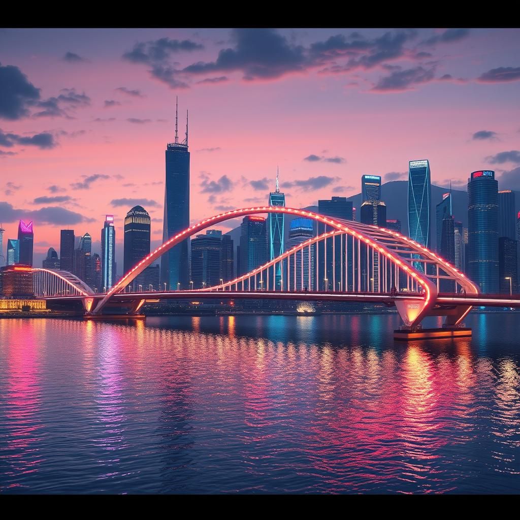 Vibrant Bridge Reflecting City Lights at Dusk