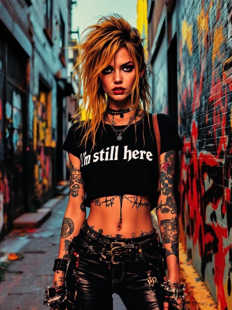 Punk Woman in Alley: Shepard Fairey & Aaron Horkey Style