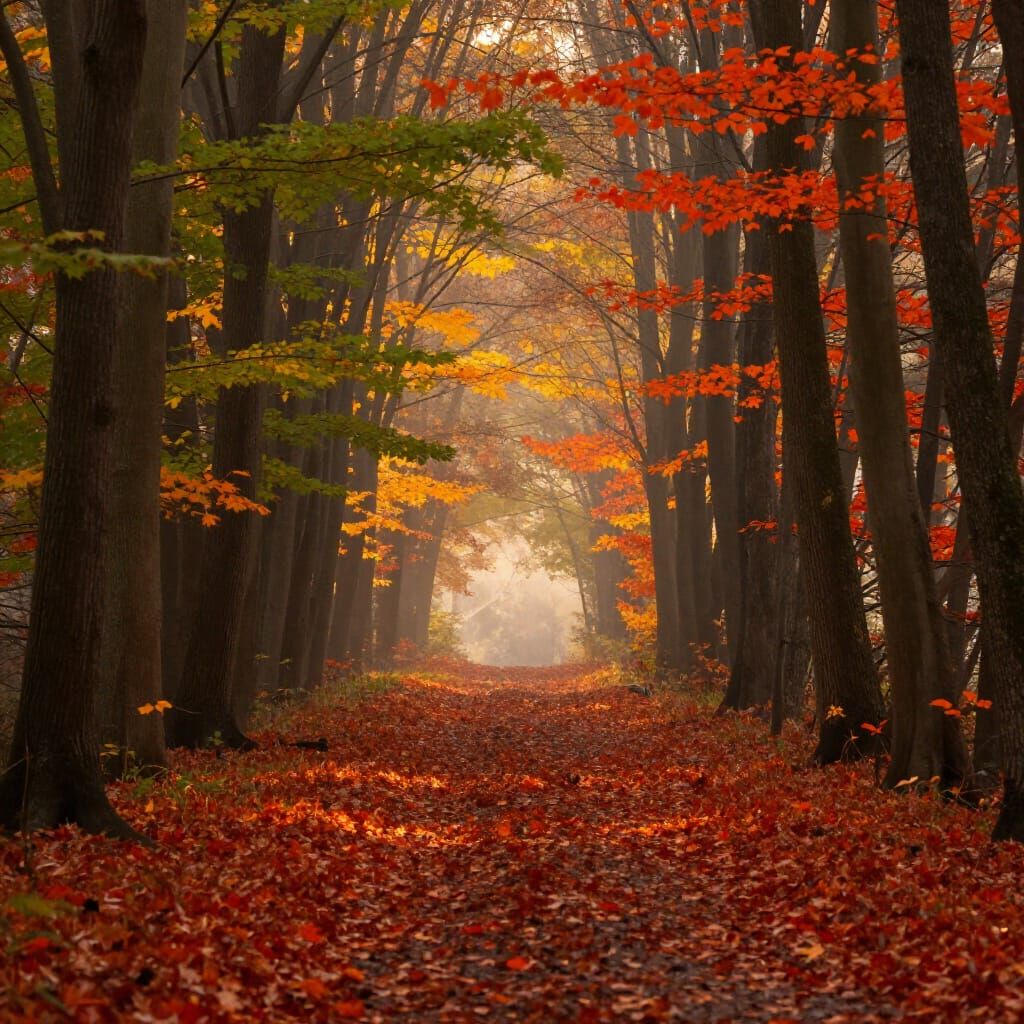 Peaceful Autumn Forest Path in Golden Hour Light