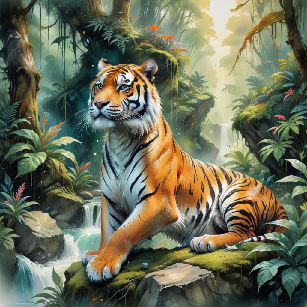 Surreal Tiger in Verdant Rainforest: A Watercolor Masterpiec...