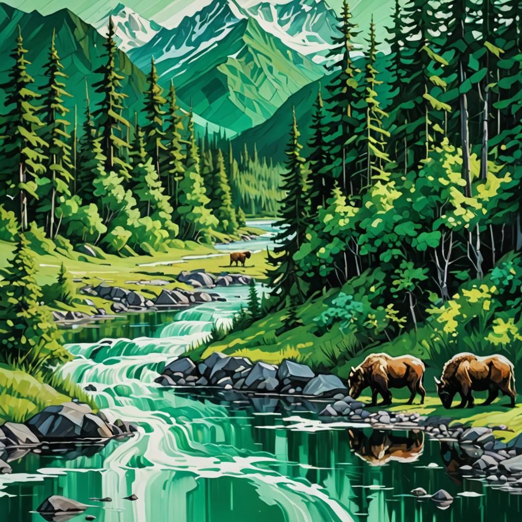 Monochromatic  painting.  
Serene Landscape Summer on Alaska...