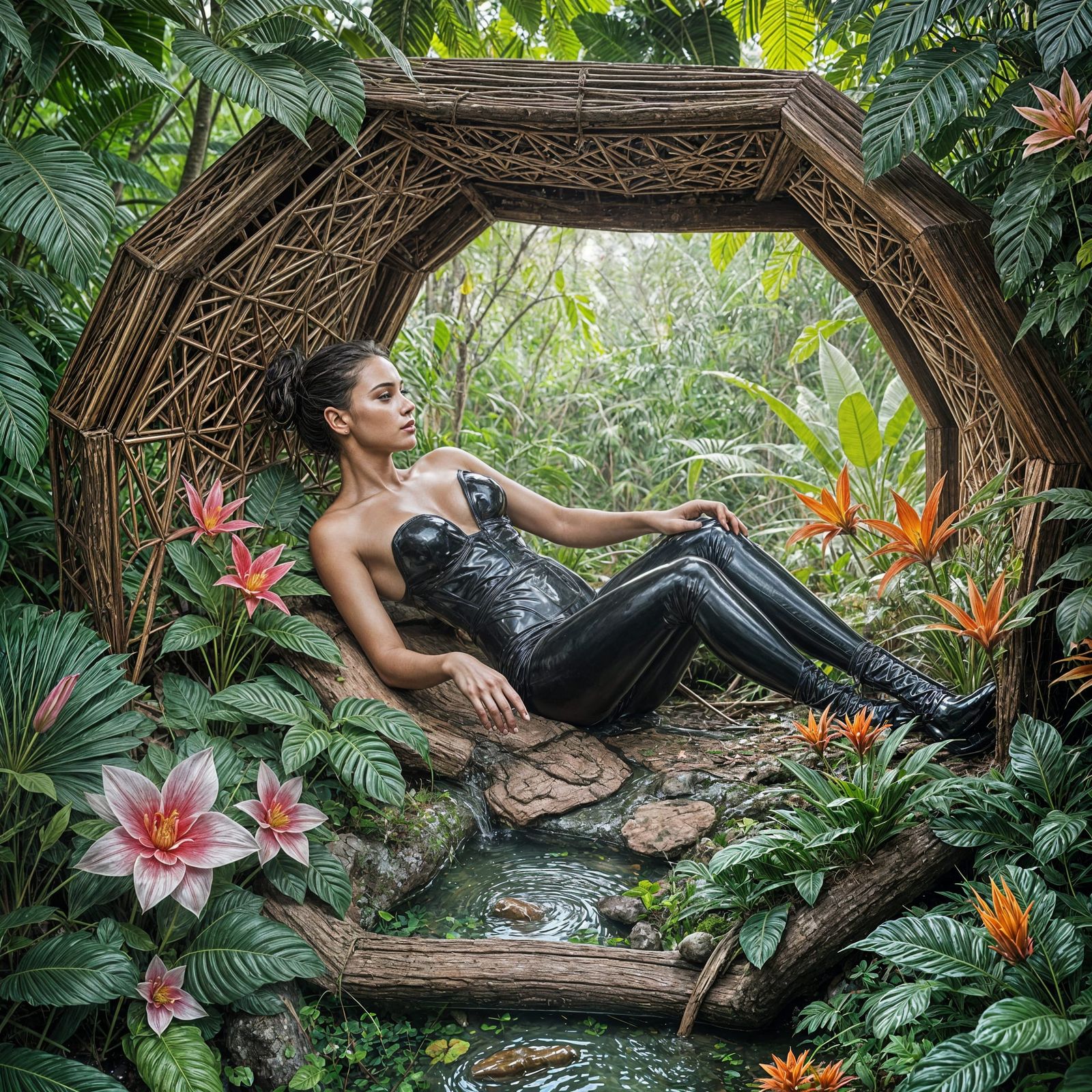 Woman in Latex Relaxing in a Wooden Octahedron Jungle Oasis