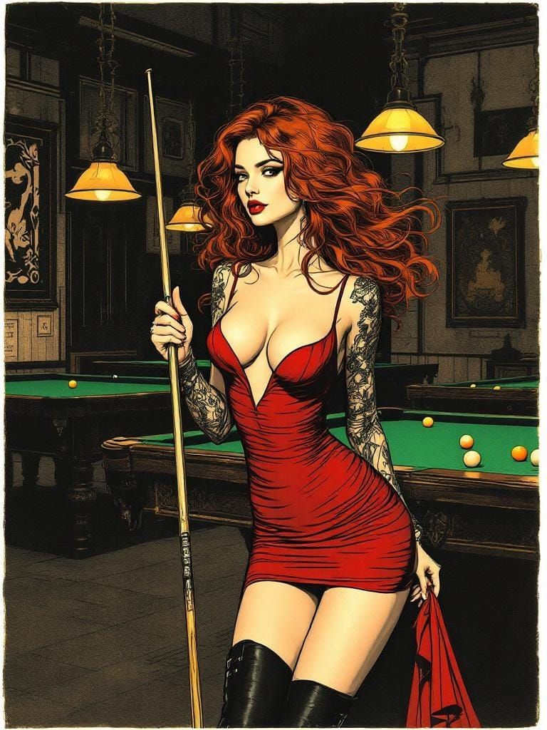 Elegant Woman Playing Pool in Art Nouveau Style