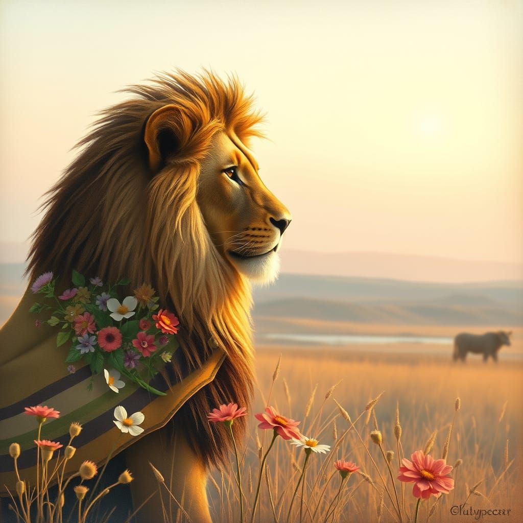 Lion with Wildflower Mane on Pastel Savanna