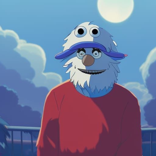 Grumpy Old Man with Cookie Monster in Anime Style