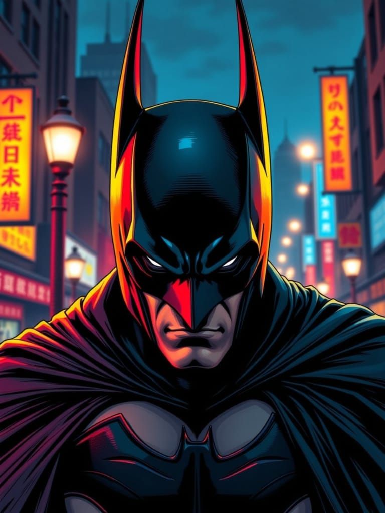 Dark Knight in a Gotham City Nighttime Landscape