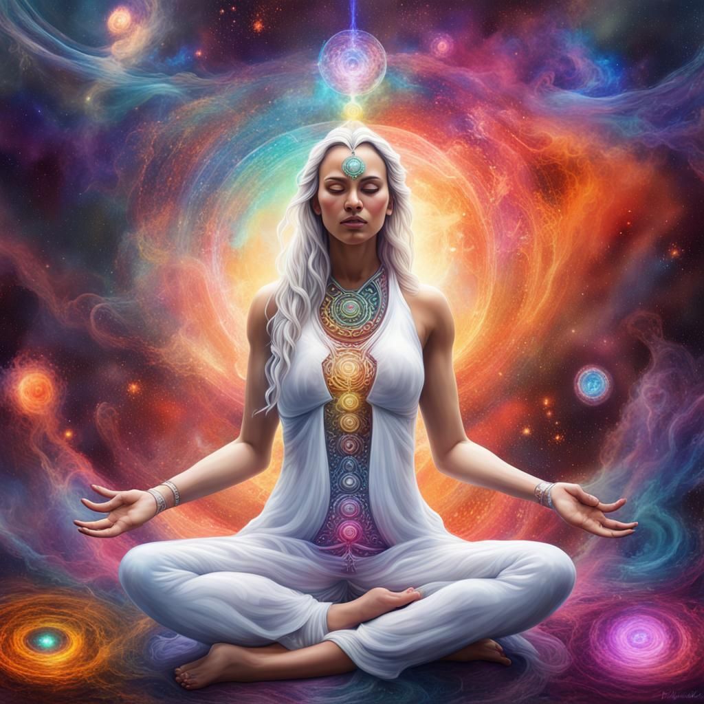 Goddess Meditating in Galaxy: Colorful Digital Art