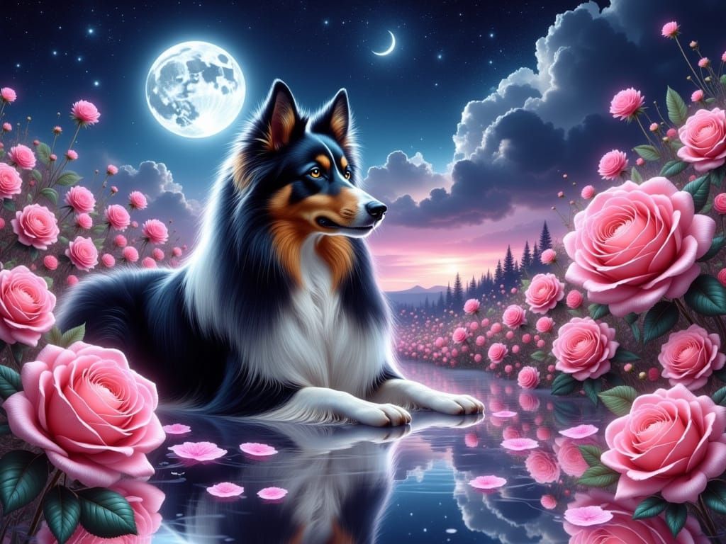 Surreal Sheltie Amidst Luminous Roses