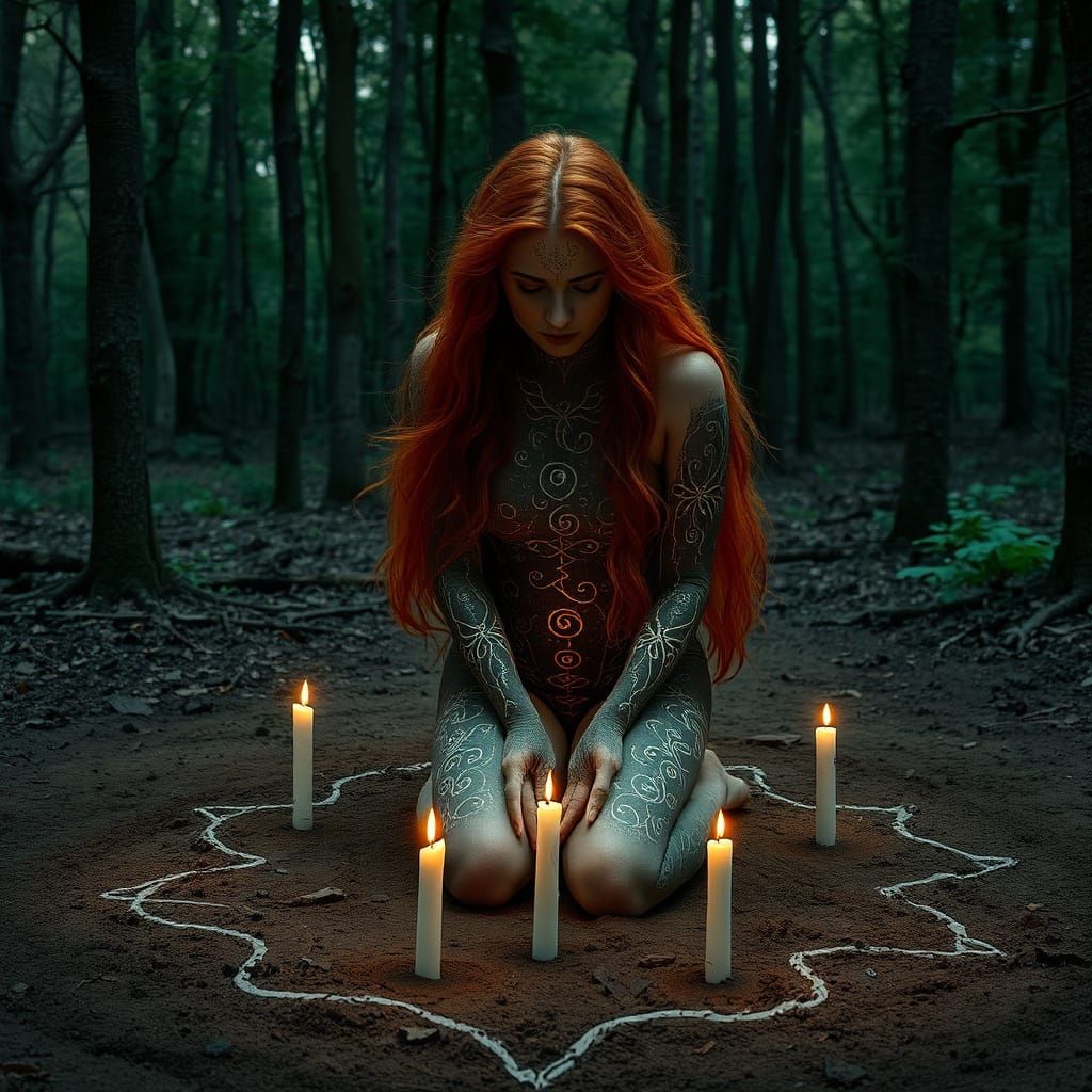 Mystic Redhead Kneeling in Enchanted Forest Glade