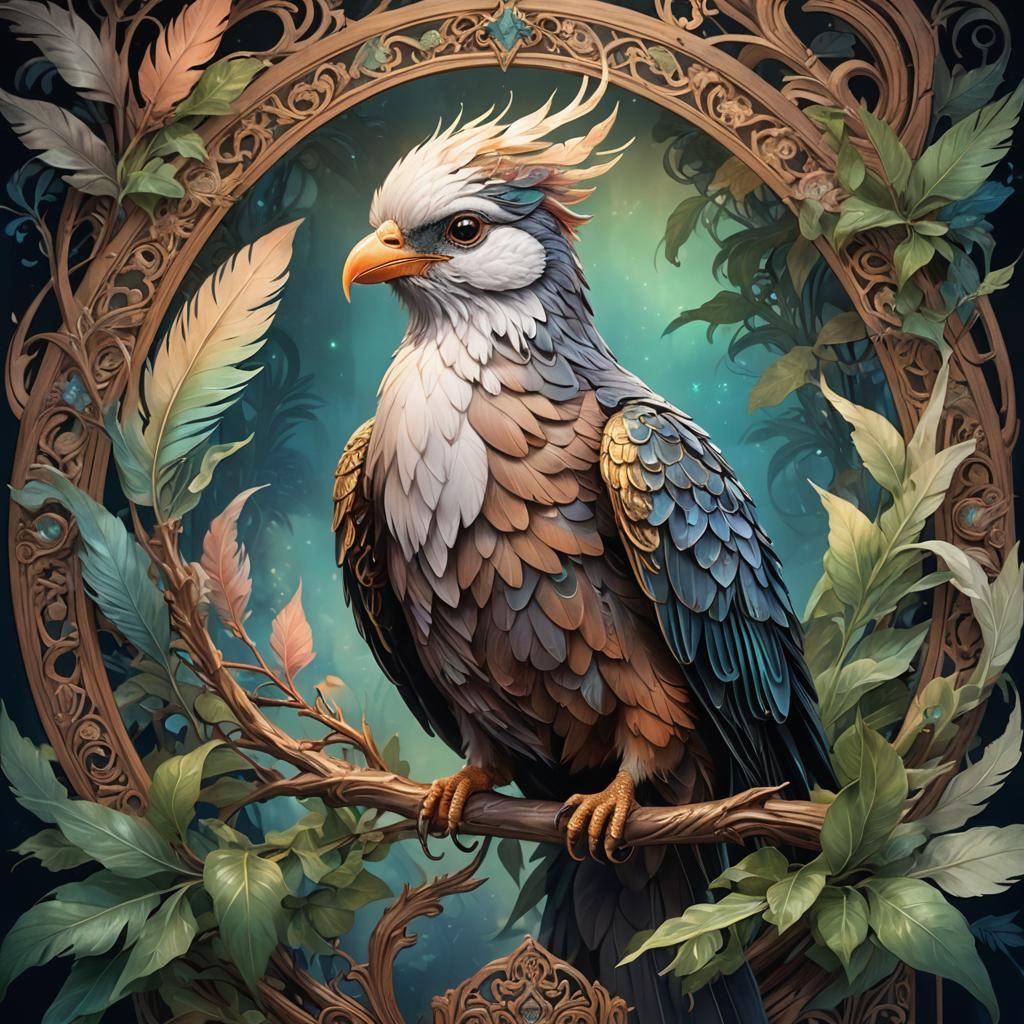 Majestic Bird Portrait with Ornate Staff in Fantasy Art
