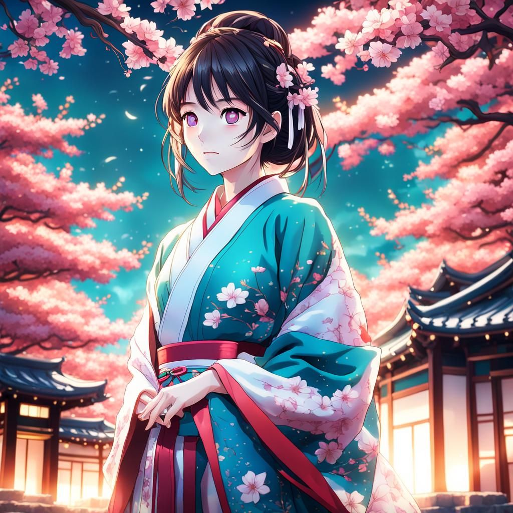 Anime Girl in Kimono with Cherry Blossom Castle
