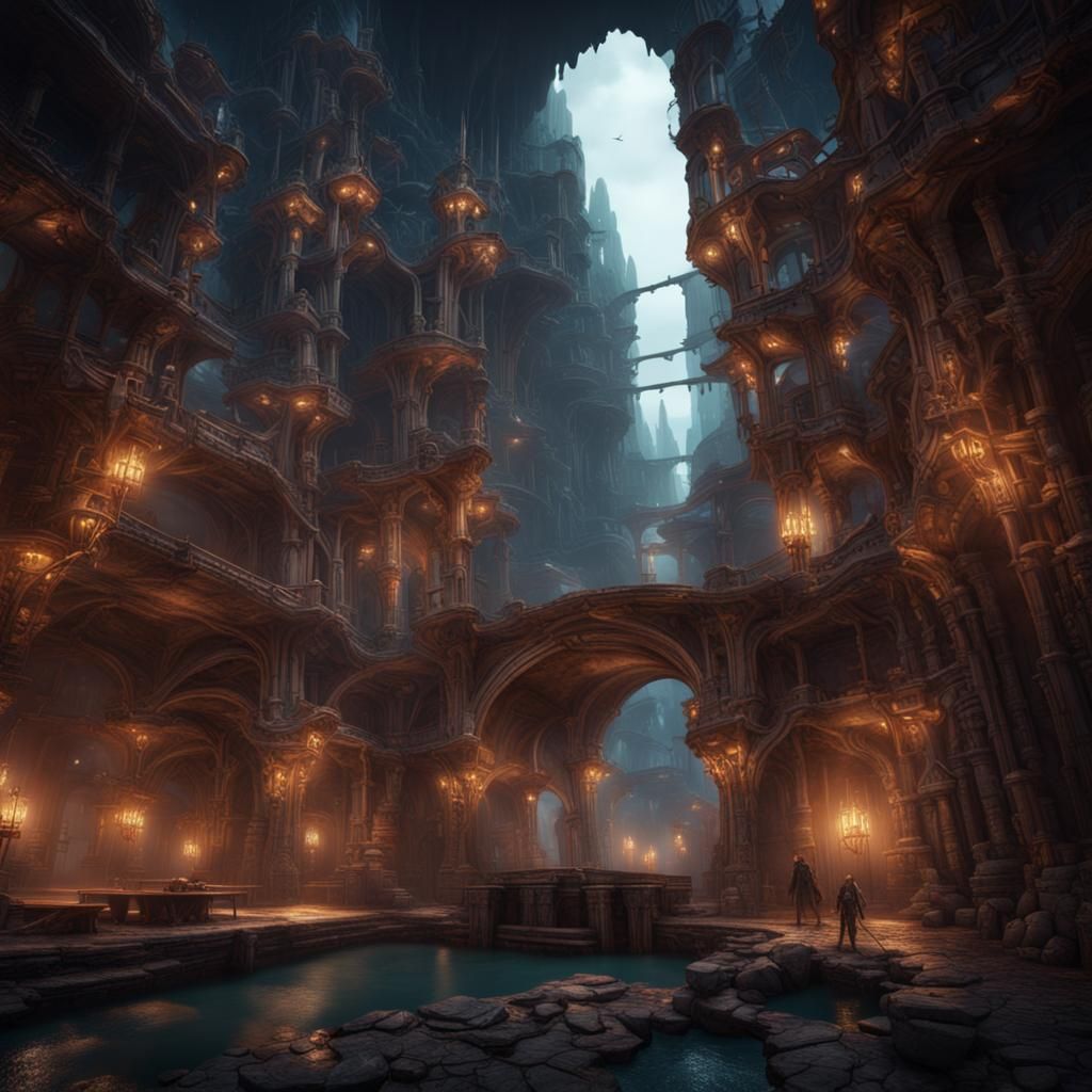 Underground City Dawn: Detailed Matte Painting