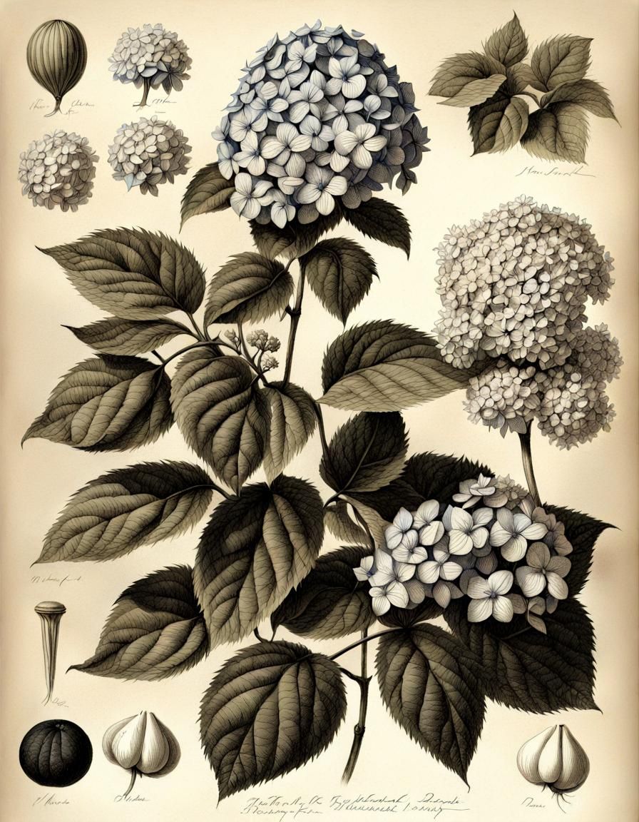 Hydrangea Botanical Ink Drawing in Redouté Style