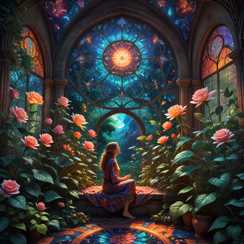 Cozy Family Moment in a Vibrant Ancient Greenhouse