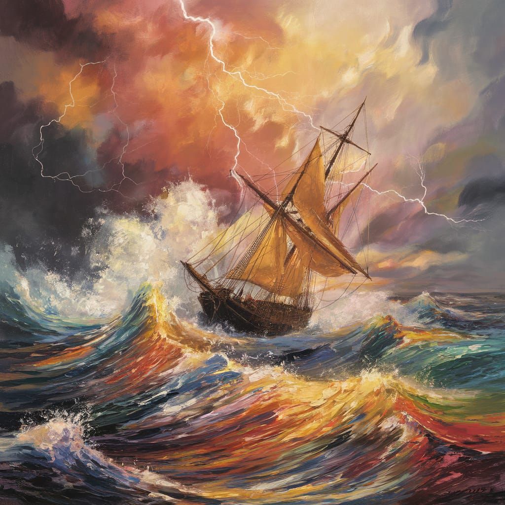 Brigantine Battles Stormy Seas in Vibrant Oil Painting
