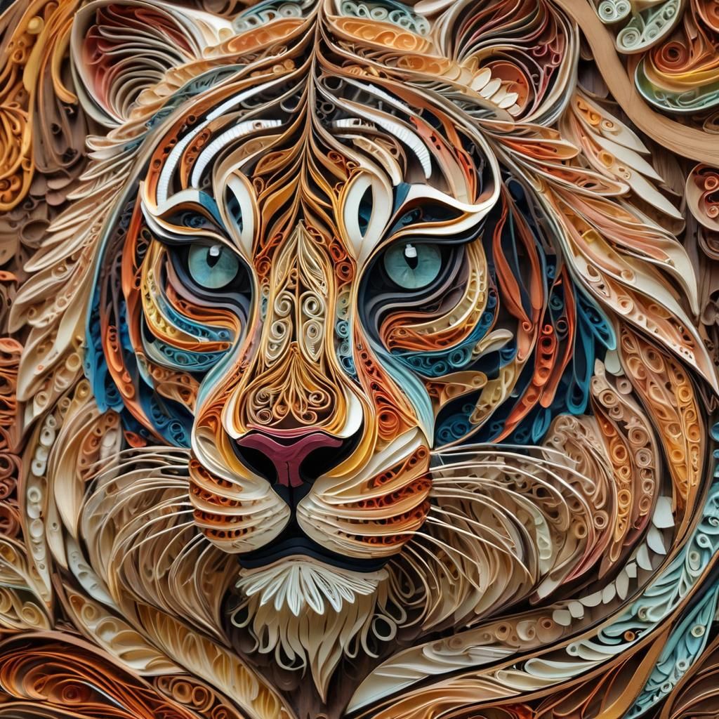 Intricate Wood Quilled Tiger Portrait