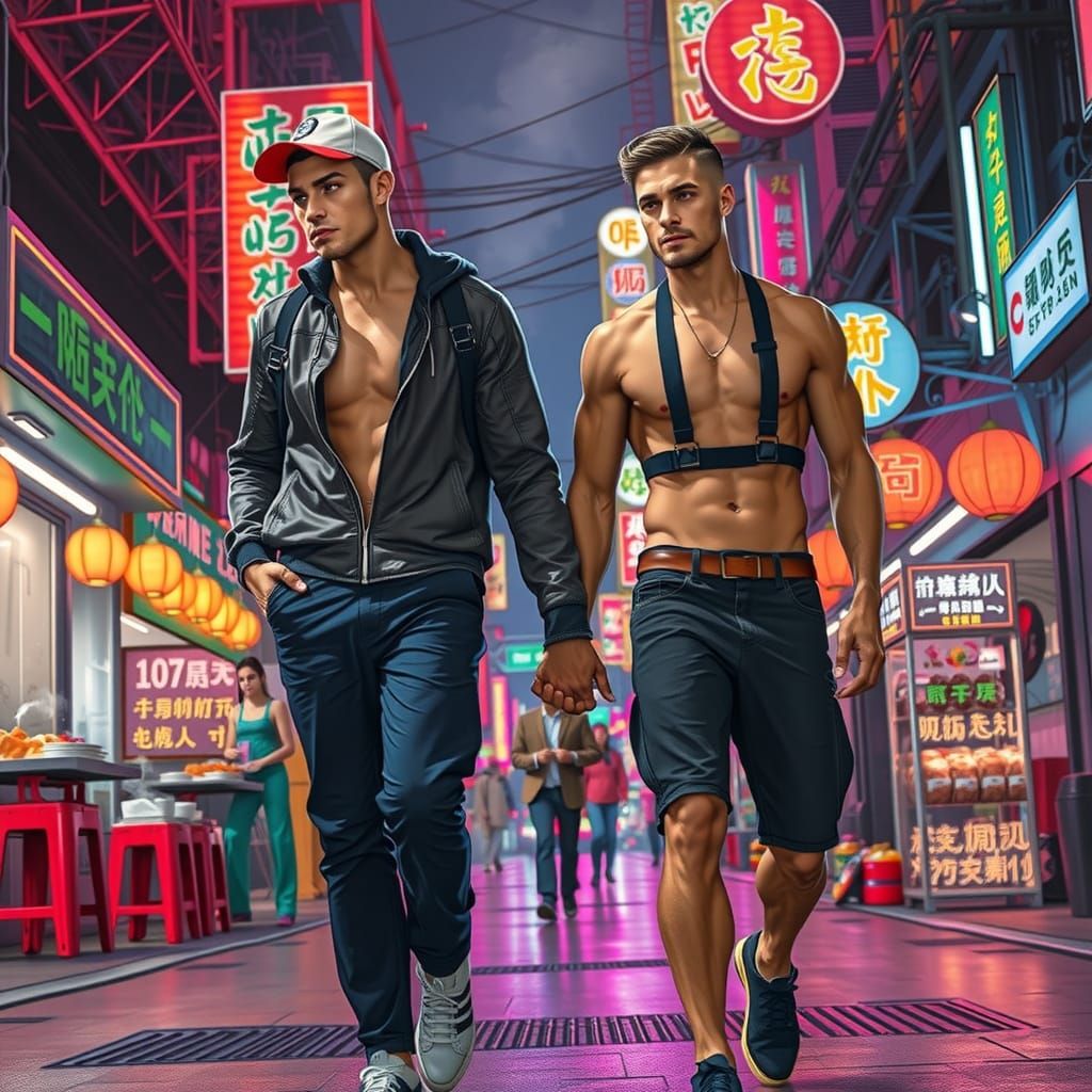 Cyberpunk Cityscape: Two Men in Neon Night