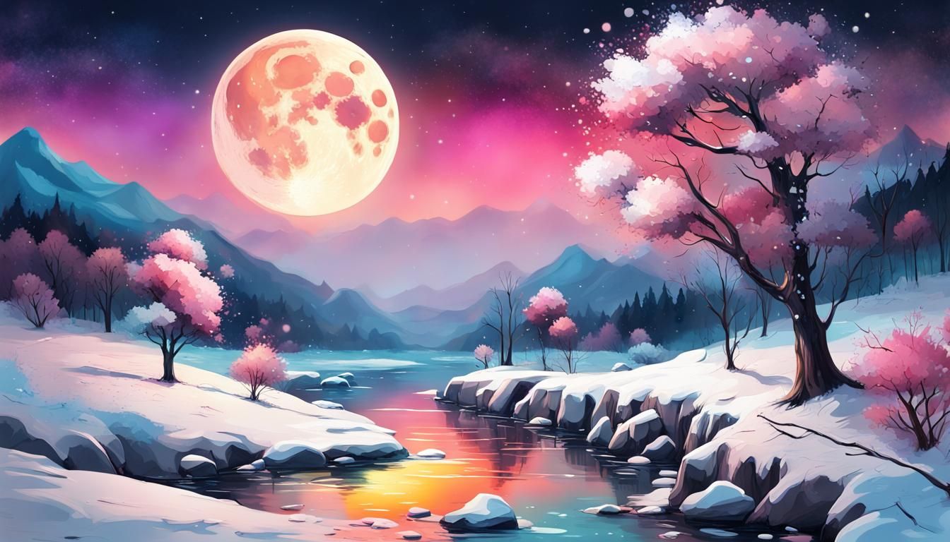 Pastel Moon Landscape in Graffiti Art Style