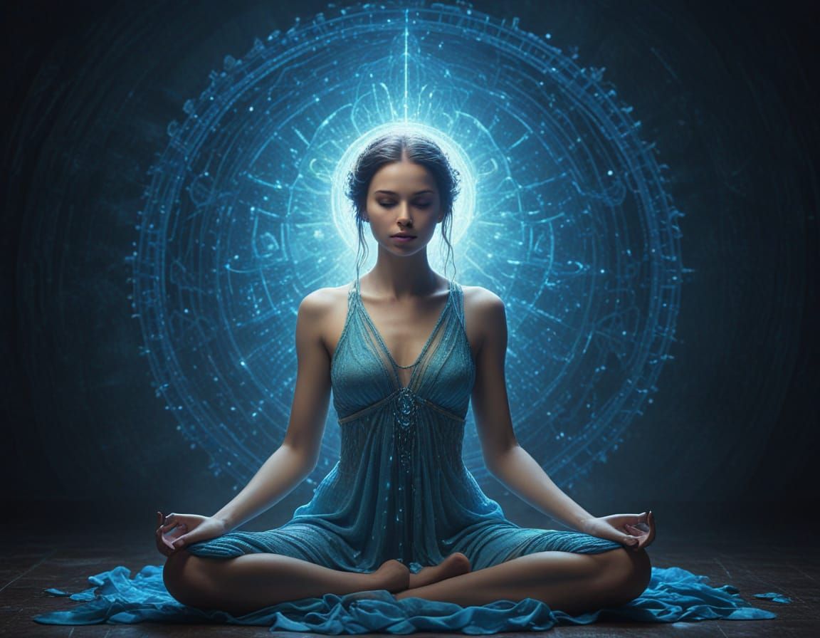 Ethereal Woman Meditating in a Mystical Landscape