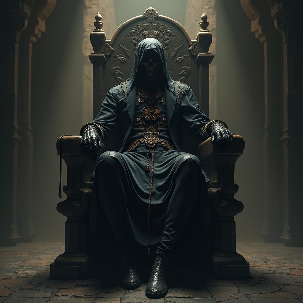 Mysterious Dark Futurist Figure Reigns from Ancient Throne