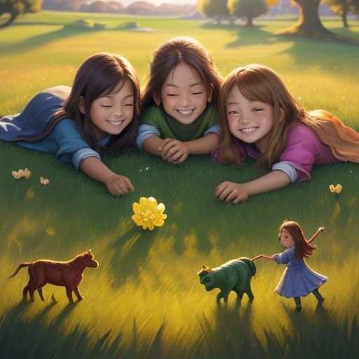 Children Play on Lawn in Vibrant Oil Painting