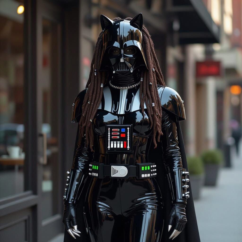 Supermodel in Futuristic Darth Vader Suit with Predator Cann...