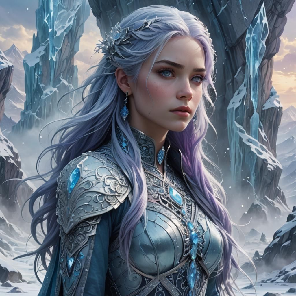 Icy Sorceress in a Mystical Frozen Landscape