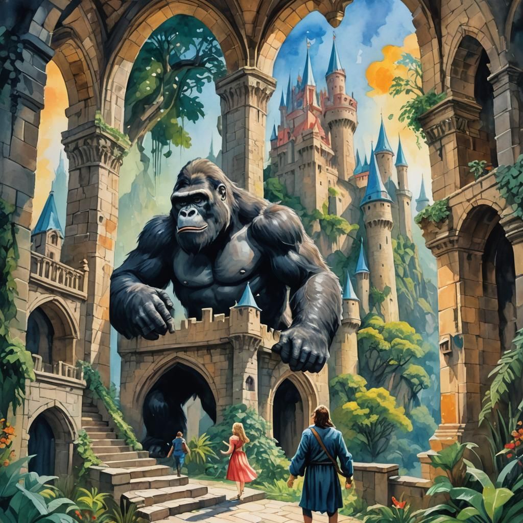 Fairy and King Kong in Epic Gouache Masterpiece