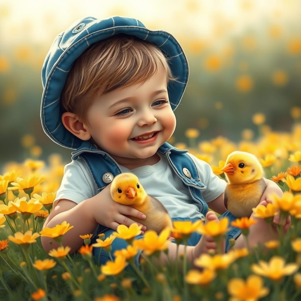 Child in Flower Field Watercolor Painting